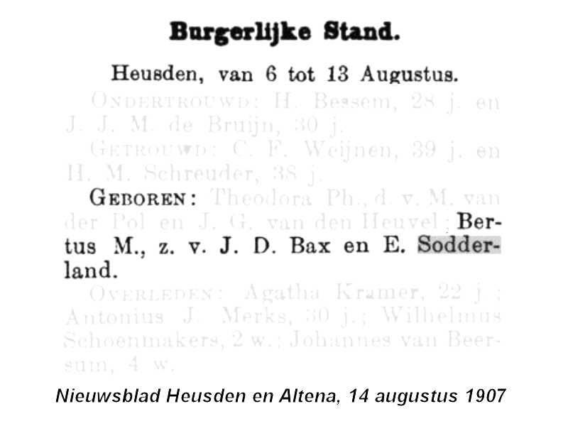 1907 BS geb ber Bertus M zv JD Bax - E Sodderland